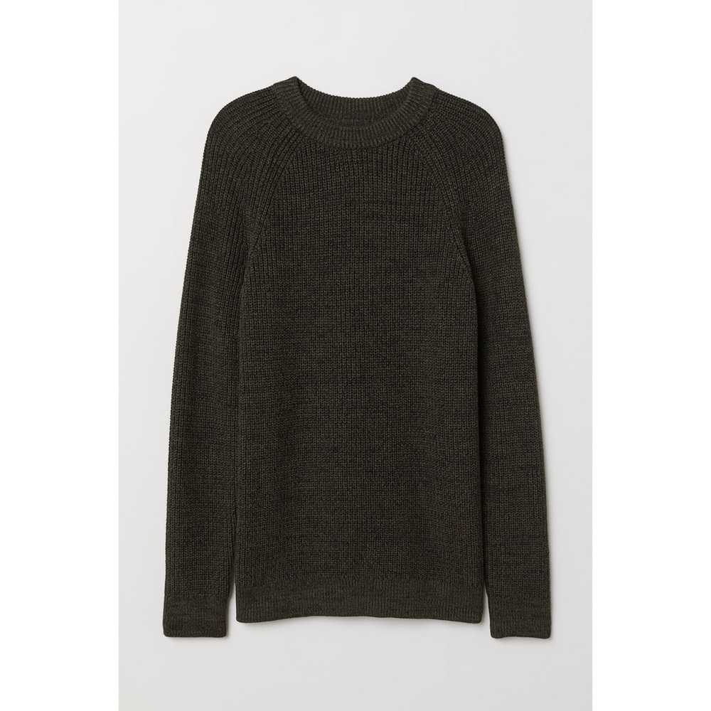 H&M Crew Neck Fisherman Knit Sweater 100% Cotton Green Marled Pullover Mens S